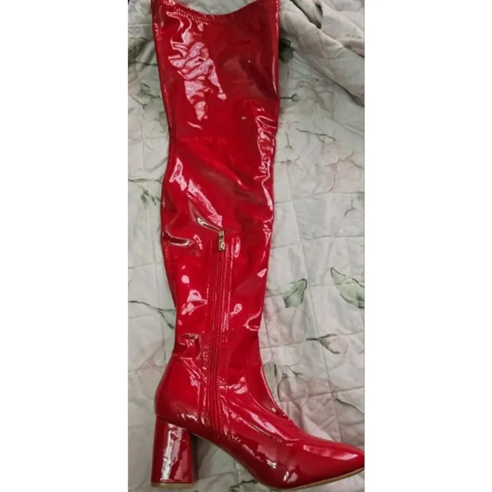 Ew. MSRP $60 NWOB SYZTSHO THIGH HIGH GOGO BOOTS PATENT RED ♡SIZE 8.5/39♡